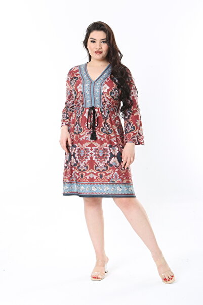 Şans Жіноче велике розмірне кольорове плаття з V-подібним вирізом та візерунком 65N38846