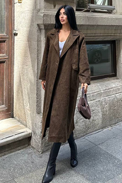 NET OF NOT Vatkalı Oversize Kahverengi Kadın Kaşe Kaban