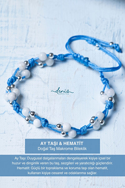 Deniz Doğal Taş Certified Moonstone Hematite (4mm) Natural Stone Macrame Brac...