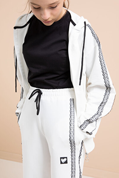 Cansın Mini White Lace Striped Cardigan Girl's 2-Piece Tracksuit Set 21246