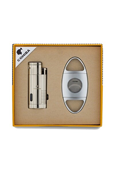 COHİBA Cohiba 3 Torch Çakmak Ve Kesici Puro Seti Silver