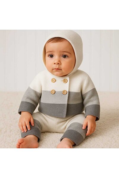 ROKİDS Double Layer Hooded Bebeke Kru Tri̇ko Winter Hat Unisex Knit Suit 9 Mo...