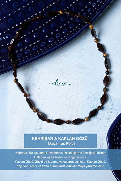 Deniz Doğal Taş Sertifikalı Kehribar Kaplan Gözü Doğal Taş Kolye