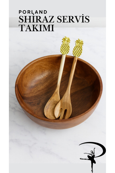 Porland Shiraz Altın Ananas Detaylı Akasya Ahşabı Salata Servis Kaşığı ve Çat...