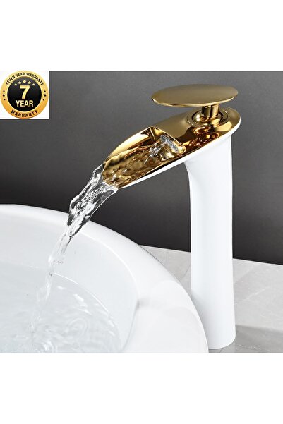 OEM Banyo Çanak Lavabo Bataryası Beyaz / Gold Renk Yeni Şelale Model 7 Yıl Ga...