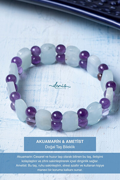 Deniz Doğal Taş Certified Aquamarine Amethyst Natural Stone Bracelet