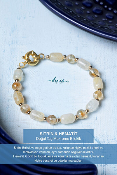 Deniz Doğal Taş Certified Citrine Hematite Silver Apparatus Natural Stone Bra...