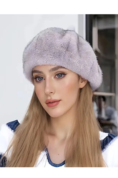 CAŞ DEKORASYON Λούτρινο καπέλο/μπερέ σε ανοιχτό γκρι χρώμα