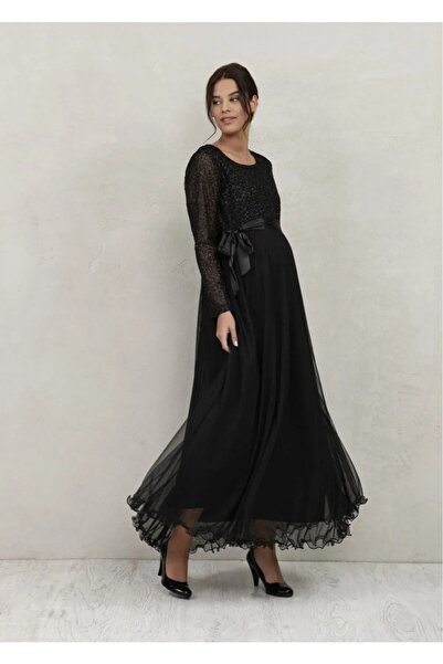 Genel Markalar Siyah Simli Tül Uzun Abiye Hamile Elbise
