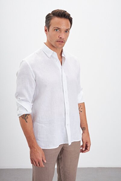 Paşahan Relax Fit Bottom Collar 100% Linen Men's Shirt