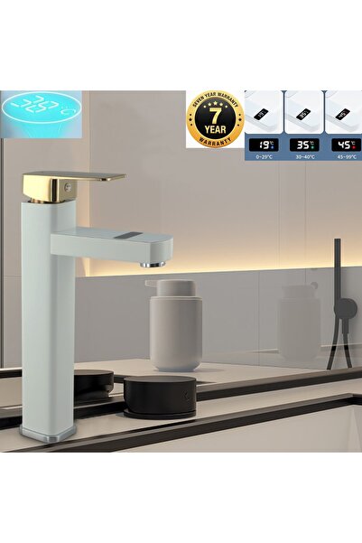 OEM AKILLI DİJİTAL SICAKLIK LED EKRAN BANYO ÇANAK LAVABO BATARYASI BEYAZ GOLD...