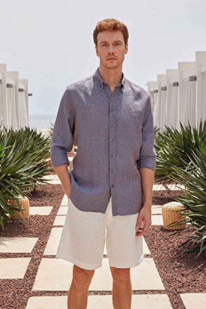 Paşahan Сорочка з коміром на ґудзиках, багатоколірна, комфортний крій, 100% льон, чоловіча