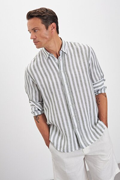 Paşahan Relax Fit Striped Bottom Collar 100% Linen Men's Shirt