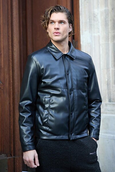 Danger Men's Shirt Collar Leather Black Jacket