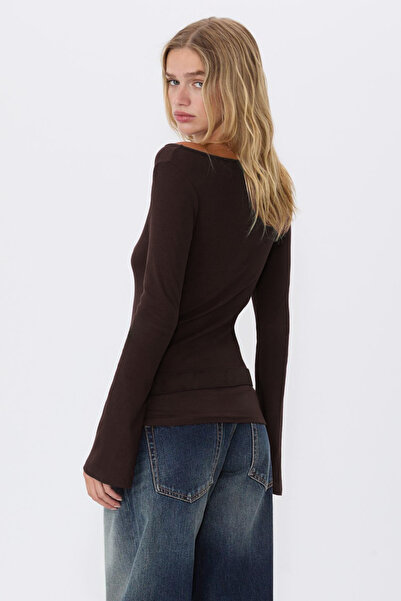 VODENS Μπλούζα με μανίκια καφέ 100% βαμβακερή βασική μπλούζα