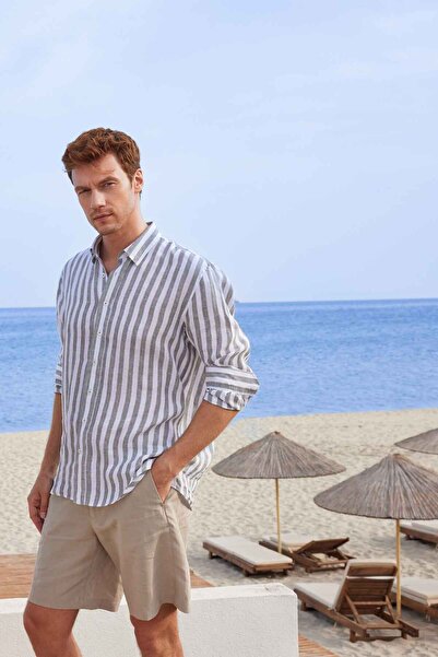 Paşahan Relax Fit Смугаста сорочка з коміром під шиєю, 100% льон, чоловіча сорочка