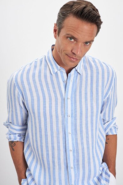 Paşahan Relax Fit Striped Bottom Collar 100% Linen Men's Shirt