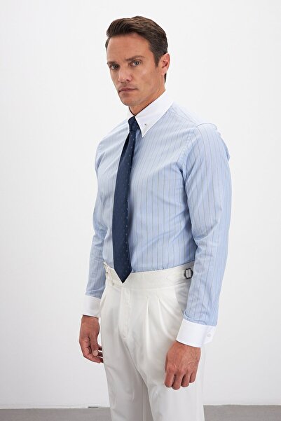 Paşahan Comfort Fit Striped 100% Cotton Men's Shirt with Lapel Pin