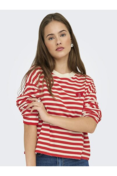 ONLY Hanorac roșu Onllivina L/s pentru femei, cu decolteu O, cu dungi, Jrs 15359682-Highrisk