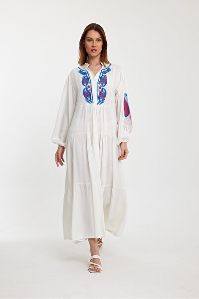 bacc White Embroidered Women's Woven Dress - With Flywheel Detail and Buttons Bcvl-24942