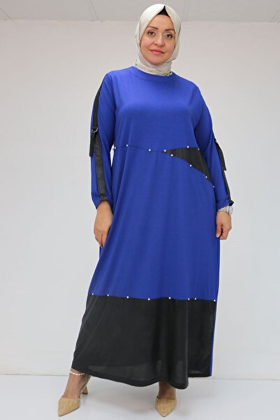 Eslina F-52001 Plus Size Waterport Garni Detailed Combed Cotton Dress - Indigo