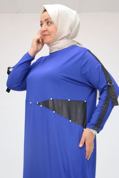 Eslina F-52001 Plus Size Waterport Garni Detailed Combed Cotton Dress - Indigo