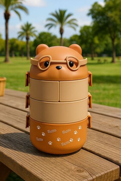 YzHome 4 Compartment Acrylic Lunch Box Bag with Teddy Bear and Handle Storage Container