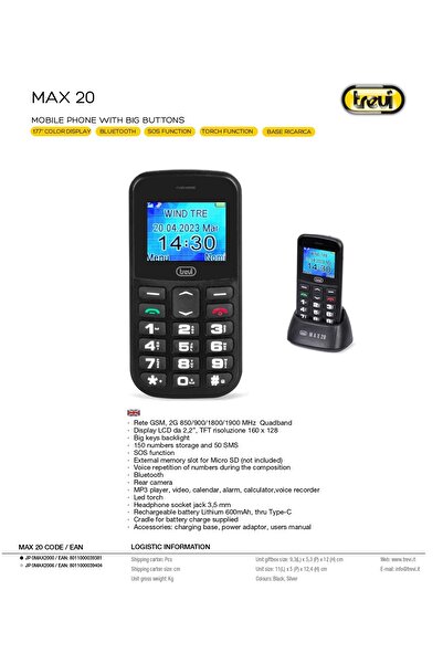 Trevi Seniors' phone 2G large illuminated buttons, camera, speaker, bluetooth Italia MAX20