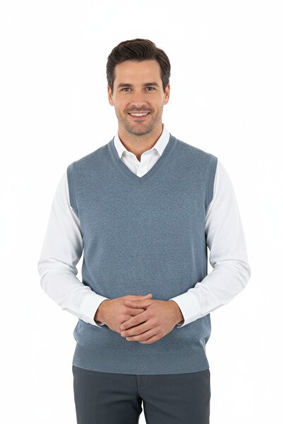 Oppland Men's V-Neck Solid Color Classic Model Comfortable Cut Full Pattern Thin Wool Woven Sweater