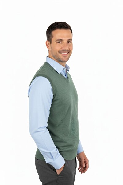 Oppland Men's V-Neck Solid Color Classic Model Comfortable Cut Full Pattern Thin Wool Woven Sweater