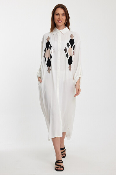bacc White Sequined Women's Shirt Dress - Long Woven Bcvl-24943