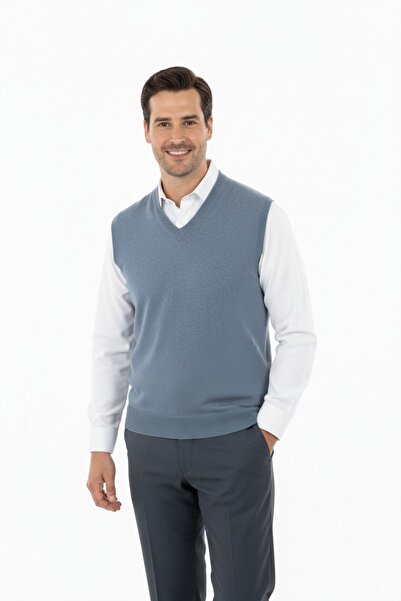 Oppland Men's V-Neck Solid Color Classic Model Comfortable Cut Full Pattern Thin Wool Woven Sweater