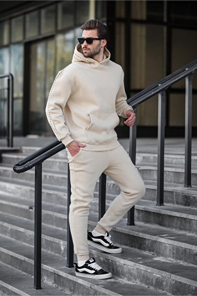 Madmext Bej Erkek Kapüşonlu Paçası Lastikli Eşofman Takımı 5957