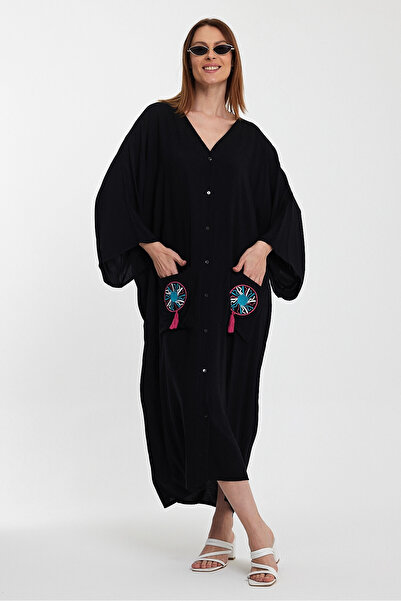 bacc Black Embroidered Long Loose Shirt Dress - Double Pocket Bcvl-24948