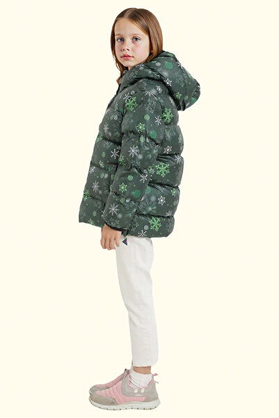 freemen Kız Çocuk Yeşil Kar Tanesi Desen Polar Su Ve Rüzgar Geçirmez Kapüşonlu Şişme Kışlık Mont