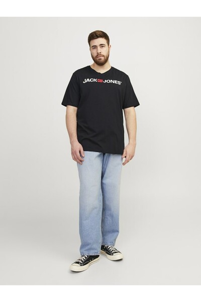 Jack & Jones Men's Black Jjecorp Logo Tee Ss Crew Neck Noos Pls Plus Size T-Shirt 12184987-Black