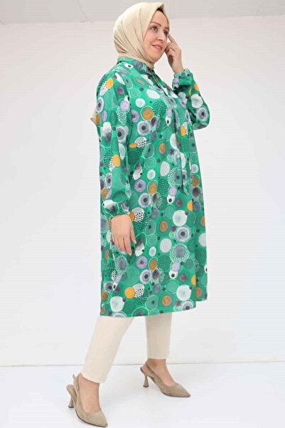 Eslina F-58023 Plus Size Jesica Tunic with Tie Collar - Circle Pattern Beneton