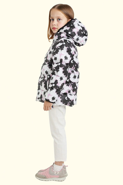 freemen Dívčí bílo fialový květovaný fleecový kabát s kapucí a větruodolný voděodolný nafouklý zimní kabát