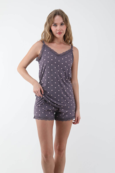 Sevinç tekstil Narince Kadın Pijama Takımı Mor Kalp Desenli Şortlu Dantel Detaylı