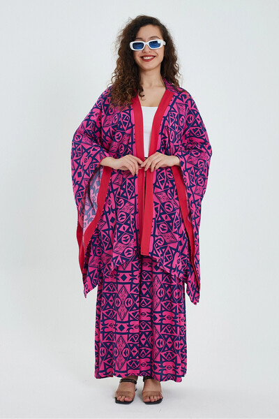 bacc Fuchsia Patterned Women's Kimono and Trousers Set - Bcvl-24951