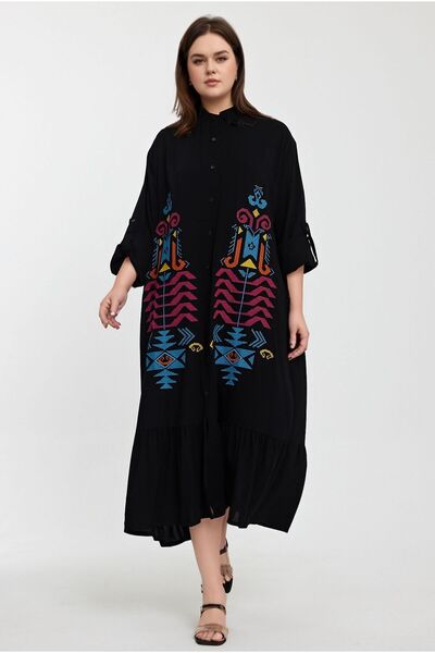 bacc Women's Black Embroidered Long Length Woven Shirt Dress Bcvl-24954