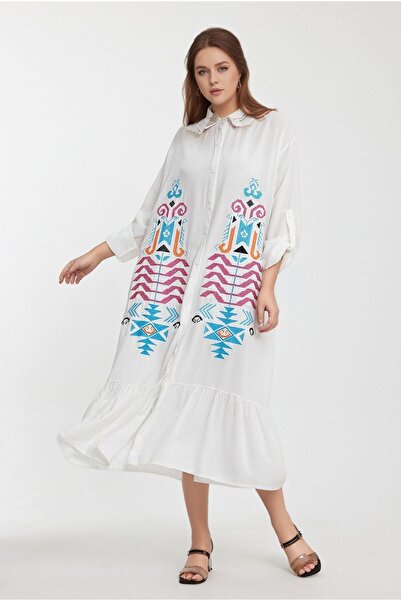 bacc Women's White Embroidered Long Length Woven Shirt Dress Bcvl-24954 Large Size Comfortable Fit