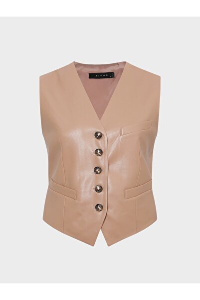 RİVUS V Yakalı Fleto Cep Detaylı Deri Yelek - Kahve