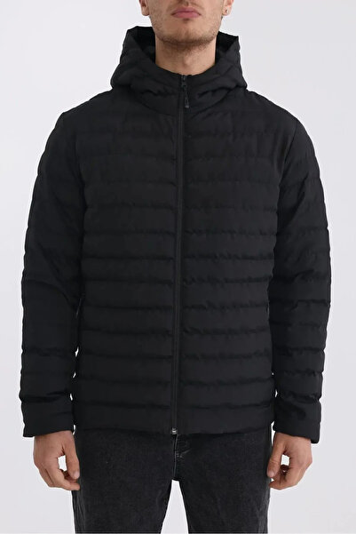 D1fference Erkek Siyah Astarlı Rüzgar Geçirmez Kapüşonlu Kışlık Mont