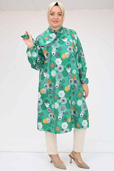 Eslina F-58023 Plus Size Jesica Tunic with Tie Collar - Circle Pattern Beneton