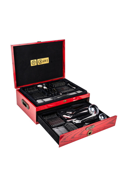 Trendy's Cutlery Set, RAWI, 84 Pieces, Stainless Steel with Gold Accents, Elegant Red Wood Box