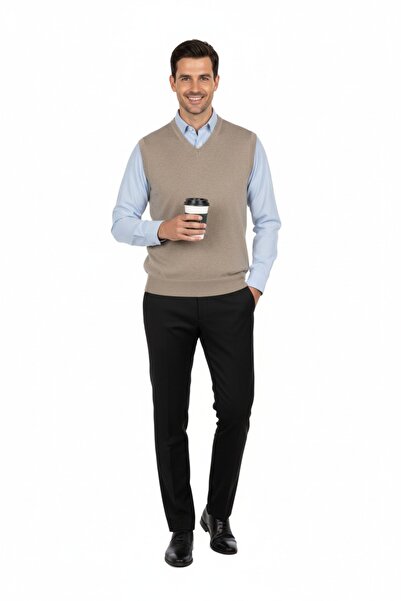 Oppland Мъжки едноцветен класически модел с V-образно деколте, тънък вълнен тъкан пуловер с удобна кройка