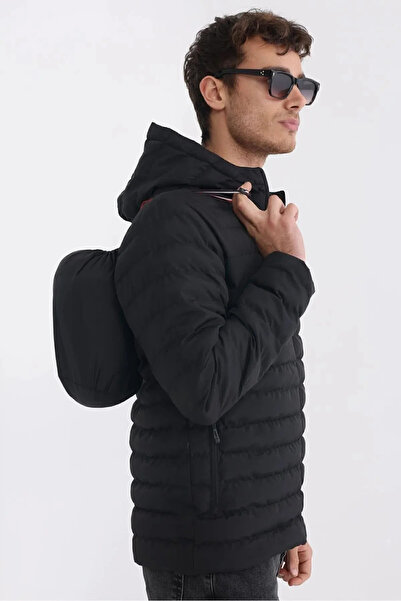 D1fference Erkek Siyah Astarlı Rüzgar Geçirmez Kapüşonlu Kışlık Mont