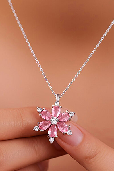 SİLVERA TELKARİ Pembe Kuvars Taşlı Lotus Çiçeği Gümüş Kolye 925 Ayar Gümüş Ko...