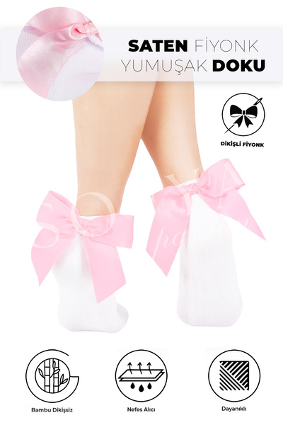 Sofya Passion Λευκές κάλτσες από μπαμπού με ροζ φιόγκο - μύτη χωρίς ραφές, μαλακές λευκές γυναικείες κάλτσες